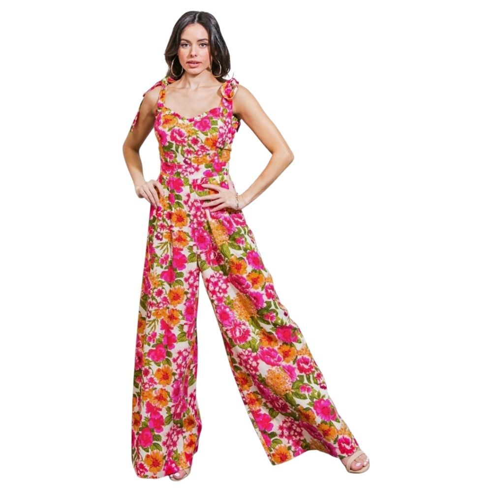 Flying Tomato Bonfire Weekends Linen Cotton Floral Wide Leg Jumpsuit Size Large